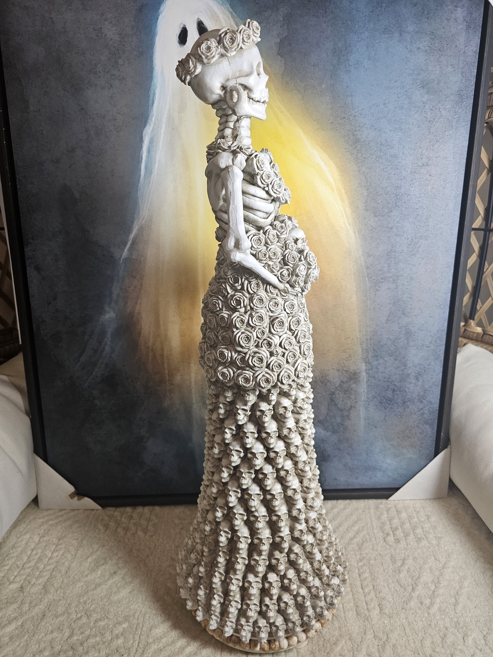 24" XL Day of the Dead Skeleton Bride w/All Skulls & Roses Dress Statue Figurine - Picture 6 of 7